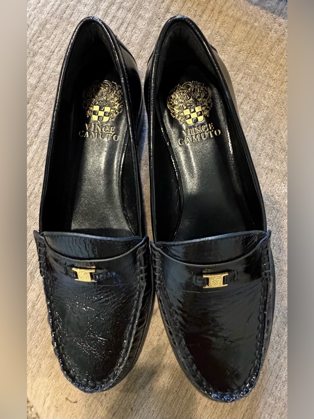 Vince Camuto Black Patent Leather Loafers with Gold Accent